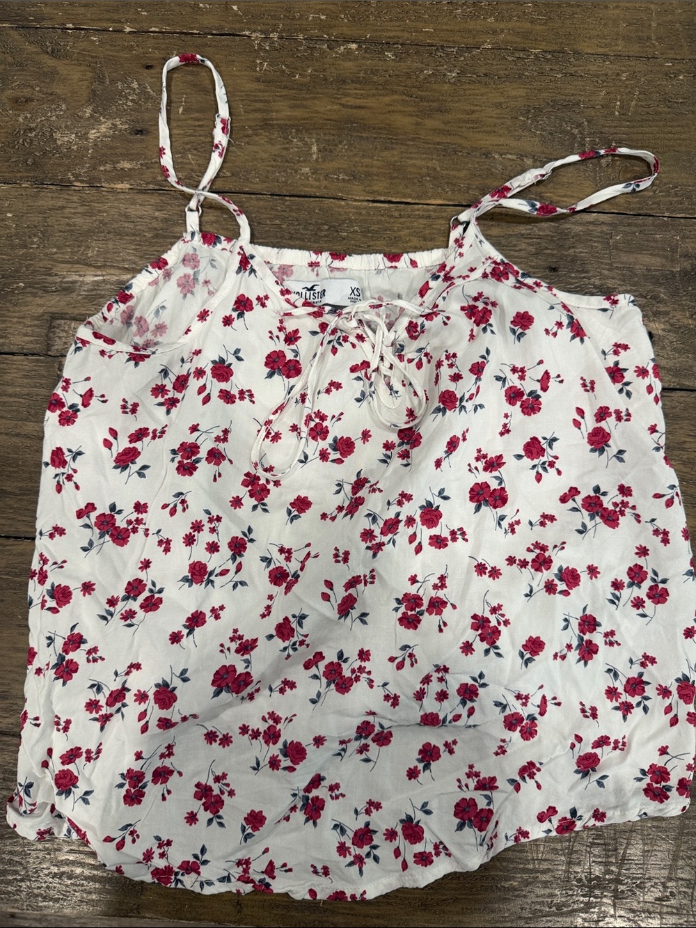 Hollister White Cami with Red Floral Print and Tie Front